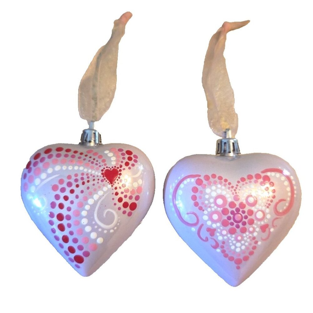 2 Mandala Pink Heart Ornaments Signed Hand Painted Art Puffy Valentines Day Gift